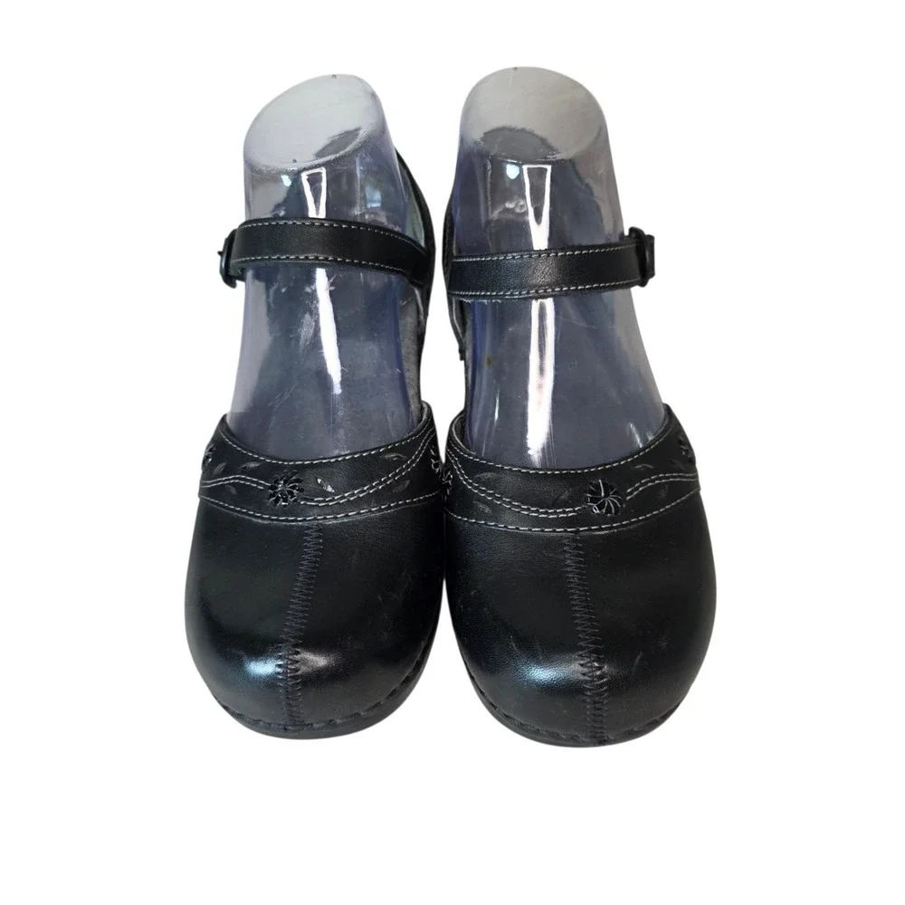 Dansko Womens EU 37 Black Leather Adjustable Strap Mary Jane Comfort Clogs